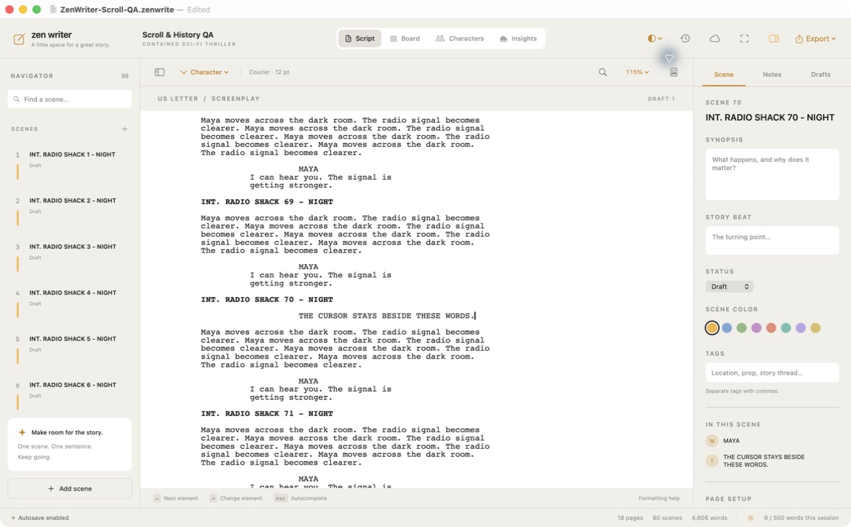 Zen Writer for Mac editor showing a formatted screenplay page in Courier