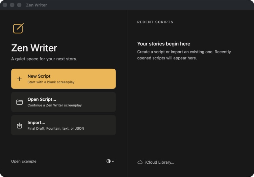 Zen Writer for Mac welcome screen with options to start a screenplay or import an FDX