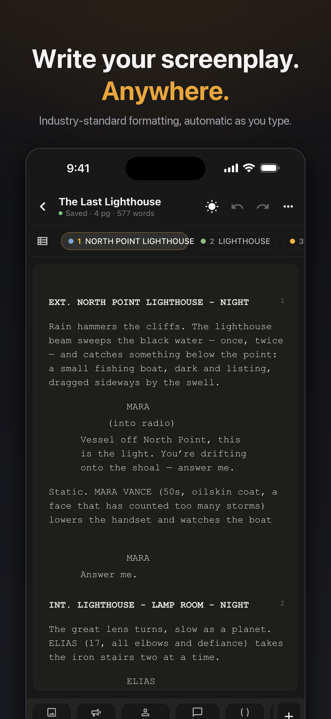 Zen Writer screenplay editor on iPhone with automatic scene heading and dialogue formatting