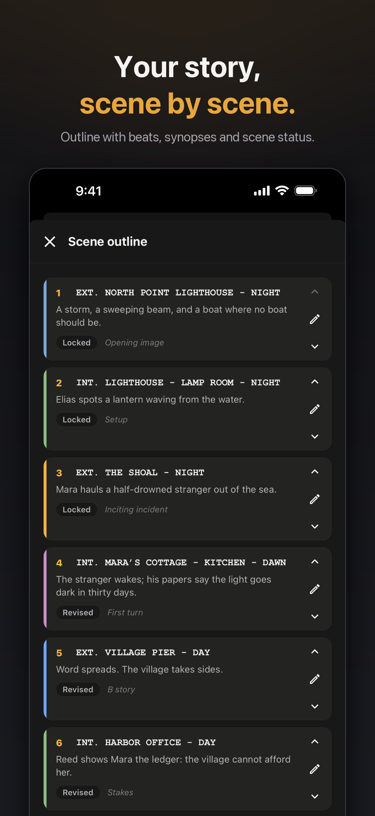 Zen Writer scene navigator on iPhone listing every scene in the screenplay