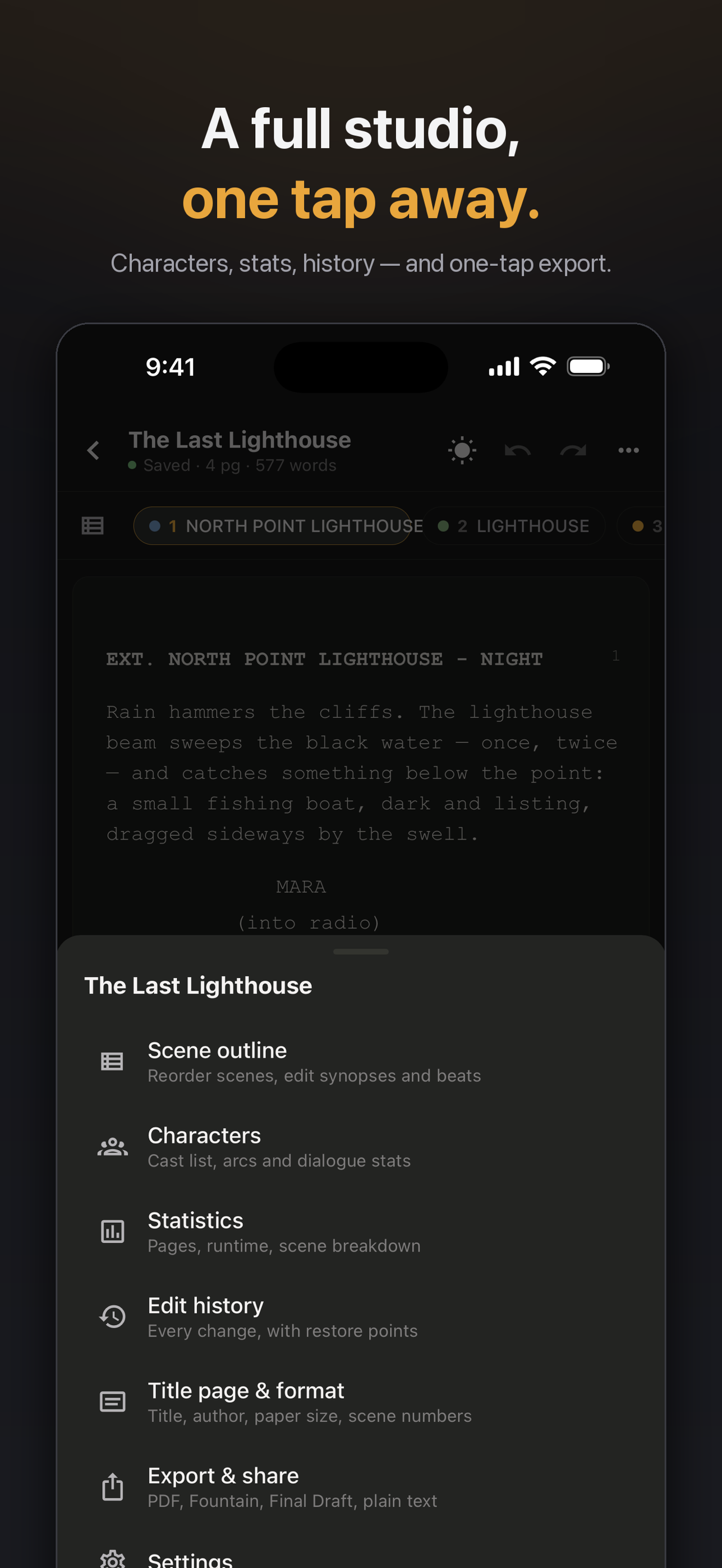 Zen Writer studio tools on iPad showing screenplay structure and script tools